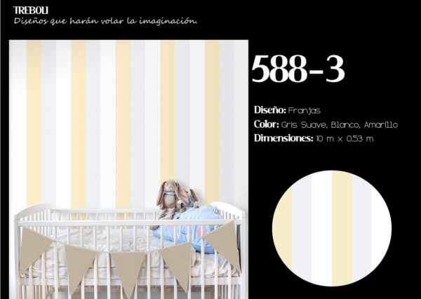 papel de colgadura infantil franjas gris blanco amarillo | trébol 588 3 papel de colgadura infantil,papel tapiz para bebé,papel tapiz franjas infantiles,decoración cuarto de bebé,papel tapiz tonos pastel,papel tapiz infantil moderno,papel de colgadura Trebol