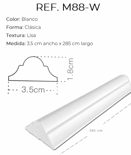 moldura decorativa clásica blanca m88 w | perfil elegante para paredes | 3.5 cm x 285 cm